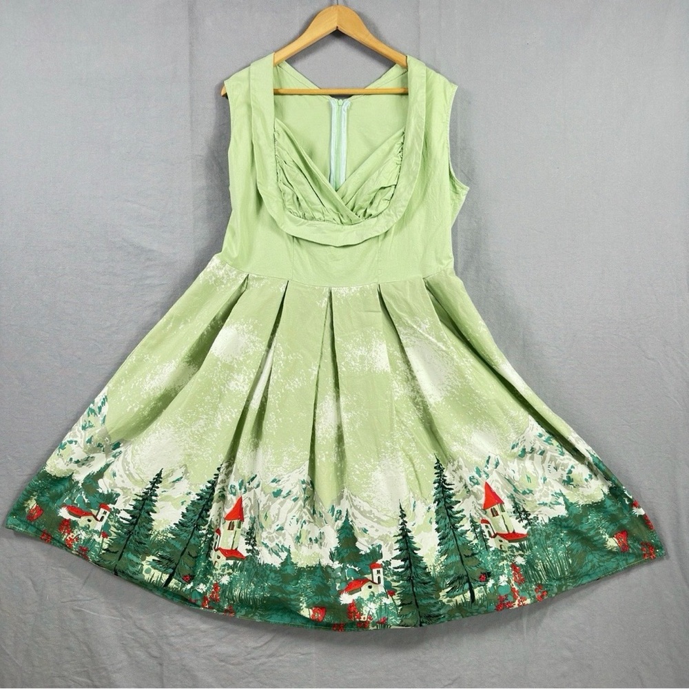 Vintage-Inspired Alpine Scenic Border Print Dress S Cottagecore Fairy Romantic